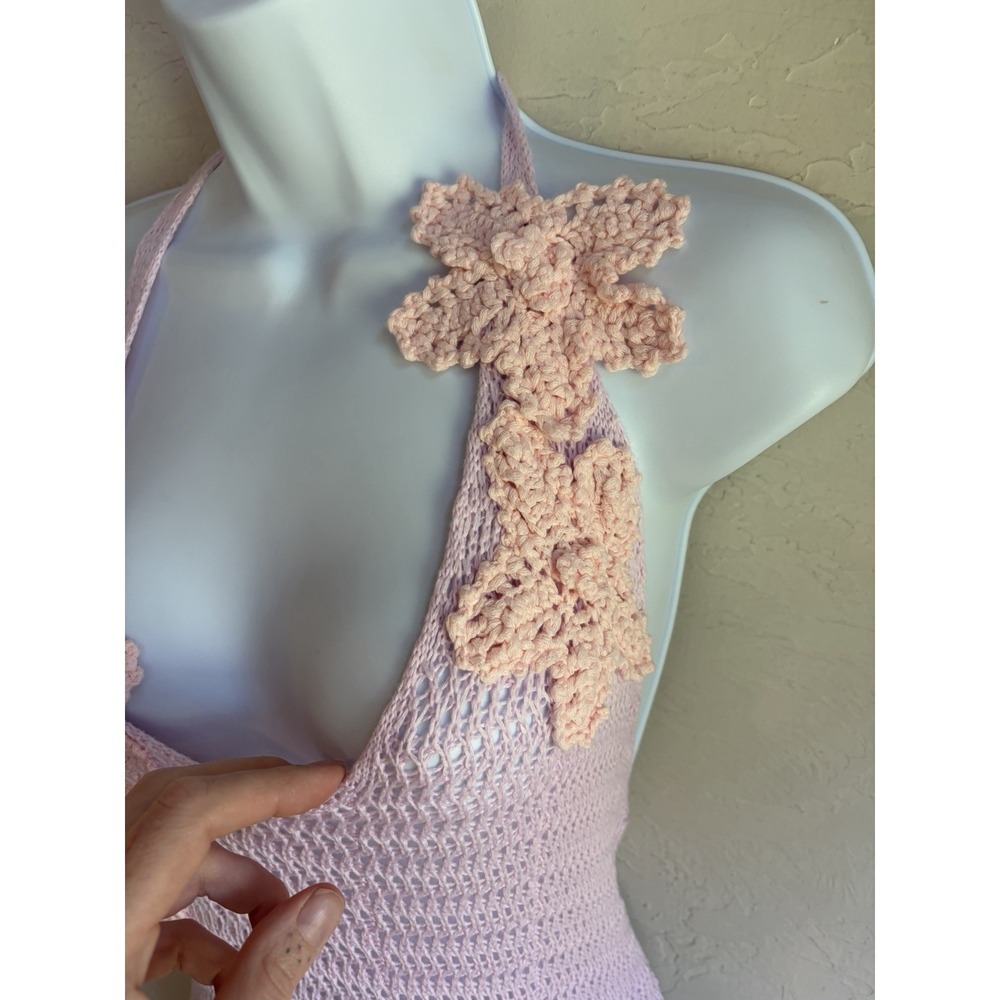 Open Knit Crochet Halter Maxi Dress S 3D Floral Appliqué Cover Up Coquette Y2K - Picture 4 of 8